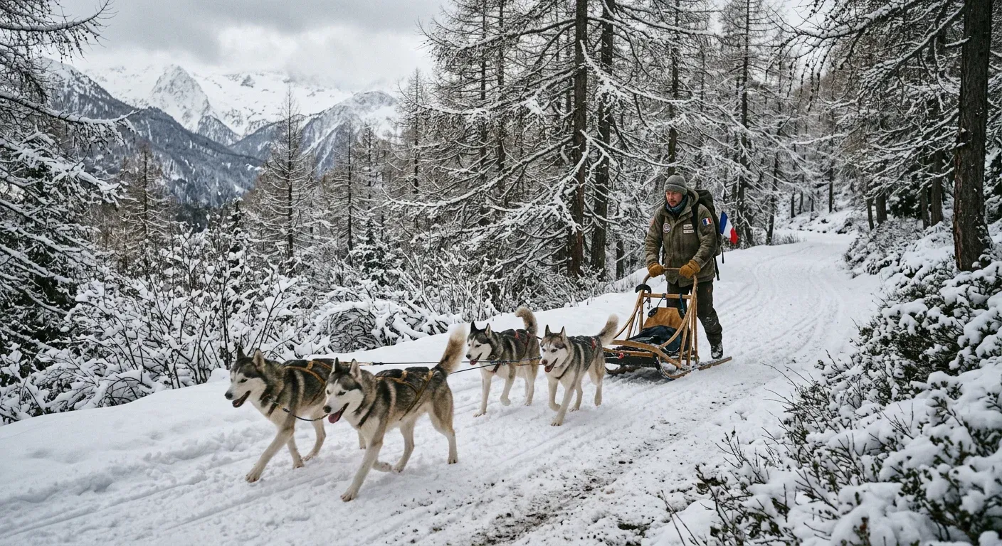 Attelage de chiens de traineau huskies courant dans la neige