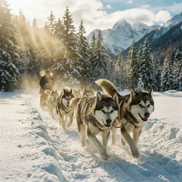 Attelage de chiens de traineau huskies courant dans la neige
