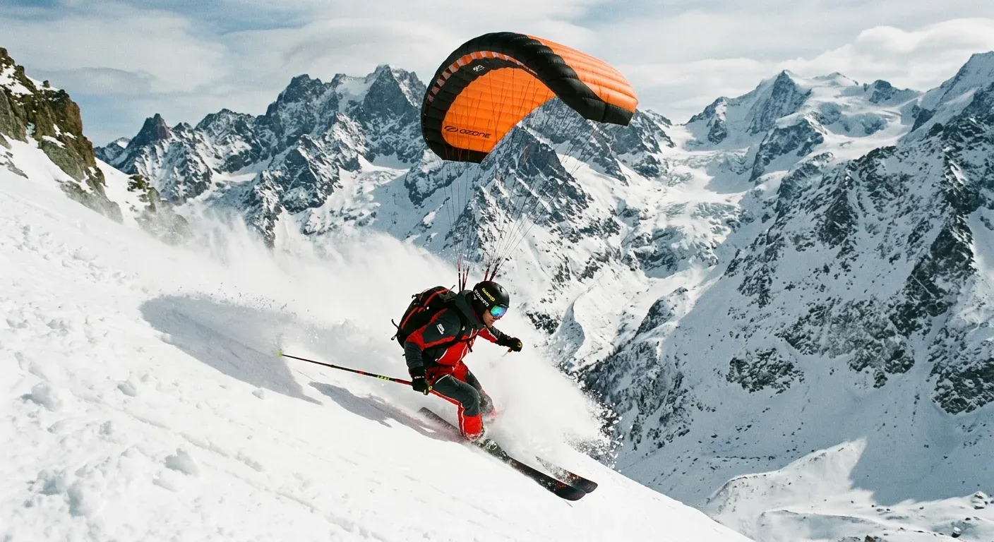 Speed riding ski avec voile parapente dans les Alpes