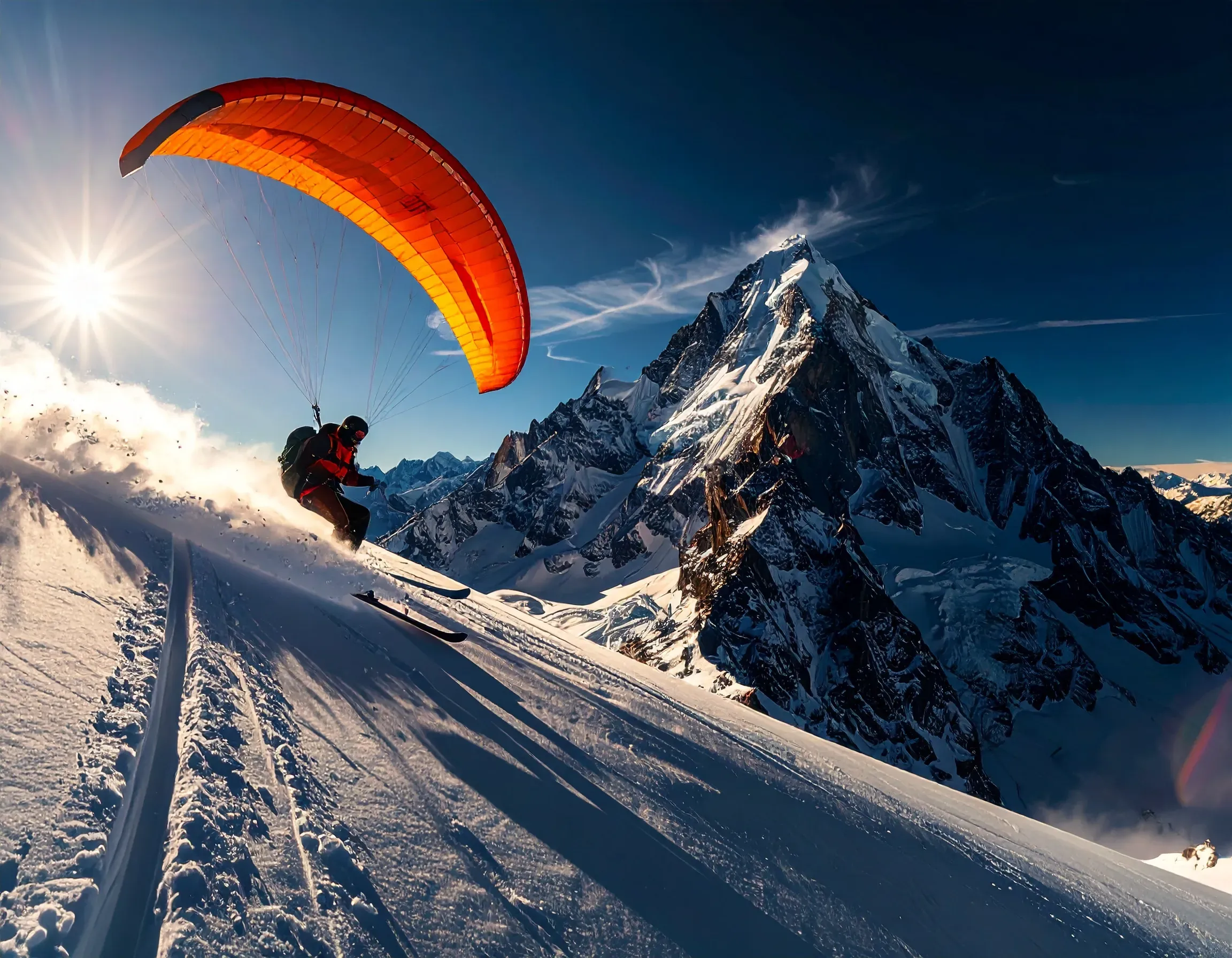 Speed riding ski avec voile parapente dans les Alpes